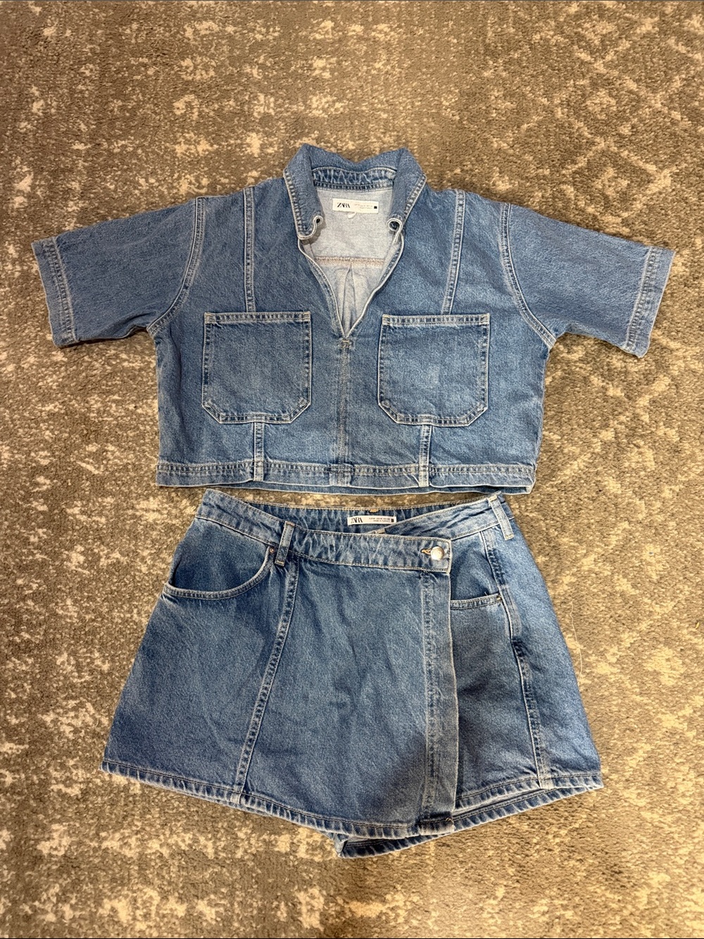 ZARA Light Blue Denim Crop Button-Front Top & Wrap Skort Set